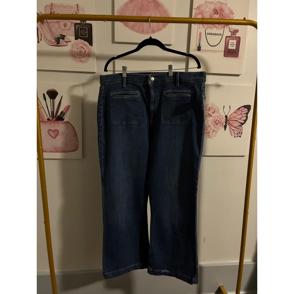 LOFT The Kick Crop Jeans Blue Dark Wash Wide Leg Patch Pocket‎ 34/18 37986391